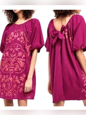 EUC Free People Fiona Purple Puff Sleeve Mini Dress embroidery Boho size M